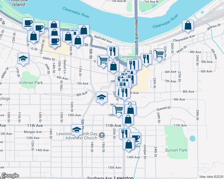 map of restaurants, bars, coffee shops, grocery stores, and more near 2015 8th Avenue in Lewiston
