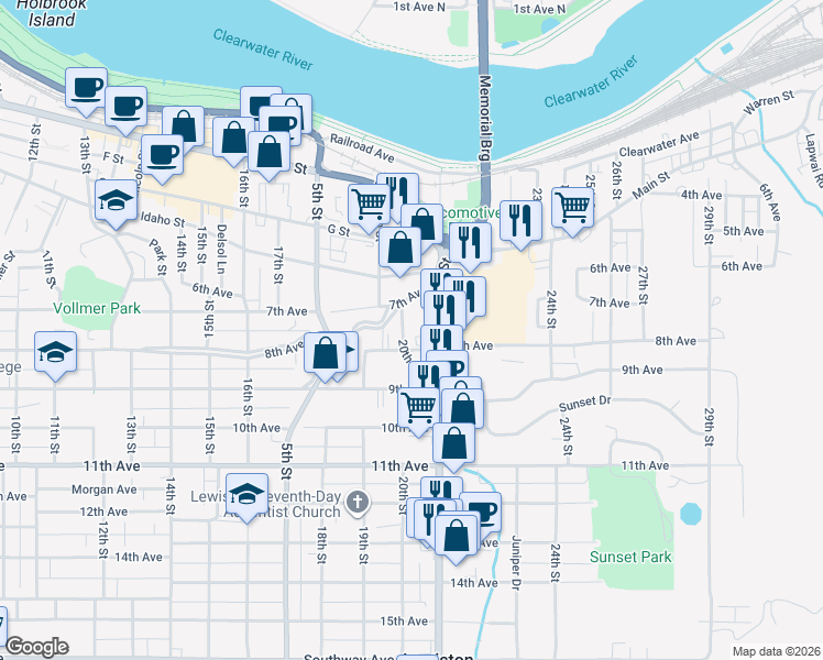 map of restaurants, bars, coffee shops, grocery stores, and more near 2015 8th Avenue in Lewiston