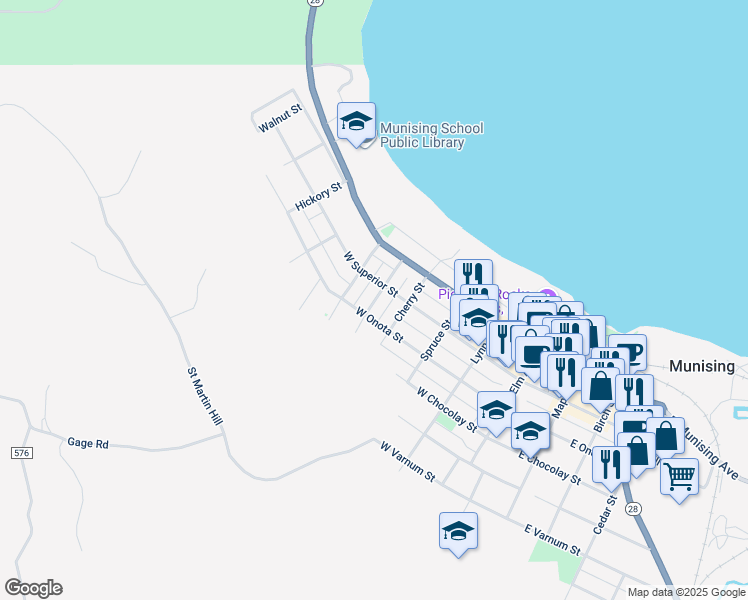 map of restaurants, bars, coffee shops, grocery stores, and more near 298 Chestnut Street in Munising