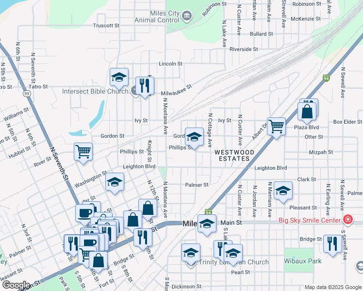 map of restaurants, bars, coffee shops, grocery stores, and more near 609 North Center Avenue in Miles City