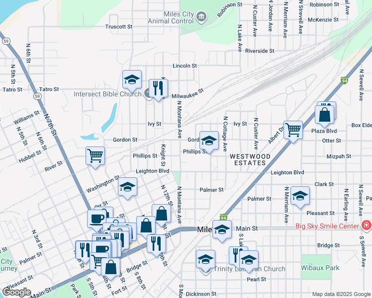 map of restaurants, bars, coffee shops, grocery stores, and more near 1409 Phillips Street in Miles City
