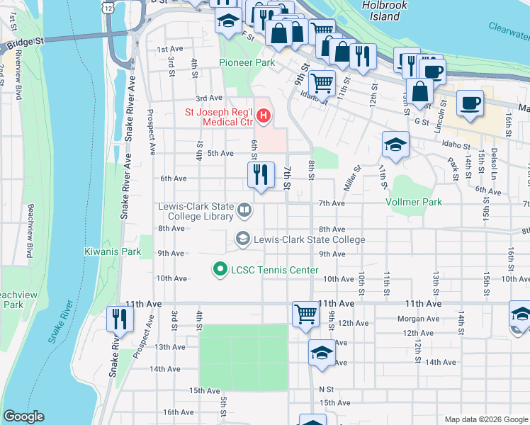 map of restaurants, bars, coffee shops, grocery stores, and more near 709 6th Street in Lewiston