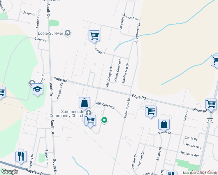 map of restaurants, bars, coffee shops, grocery stores, and more near 158 Pope Road in Summerside