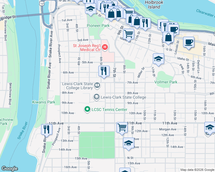 map of restaurants, bars, coffee shops, grocery stores, and more near 709 6th Street in Lewiston