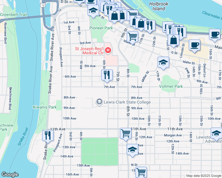 map of restaurants, bars, coffee shops, grocery stores, and more near 604 7th Avenue in Lewiston