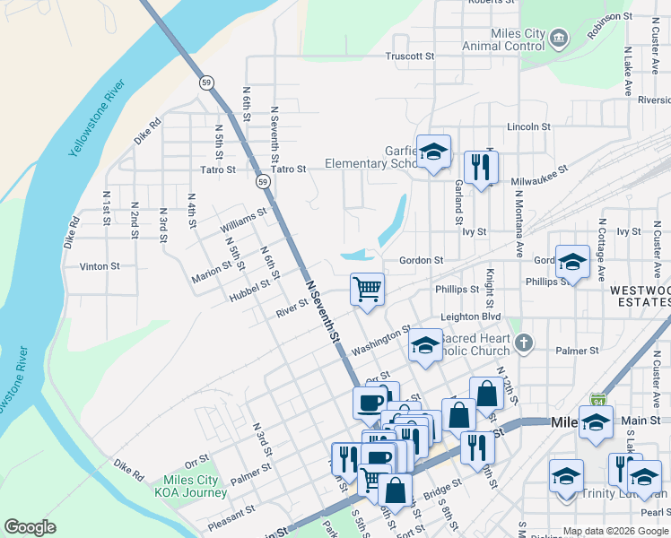 map of restaurants, bars, coffee shops, grocery stores, and more near 725 Phillips Street in Miles City