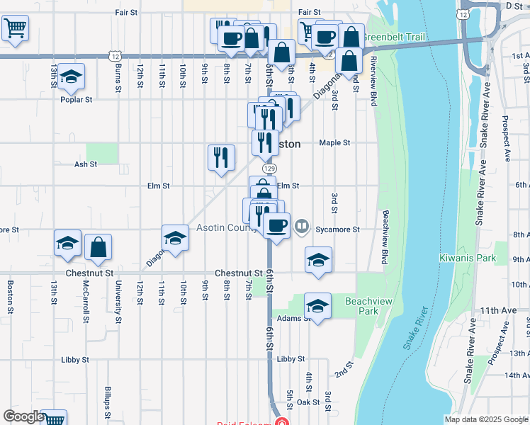 map of restaurants, bars, coffee shops, grocery stores, and more near 801-899 7th Street in Clarkston