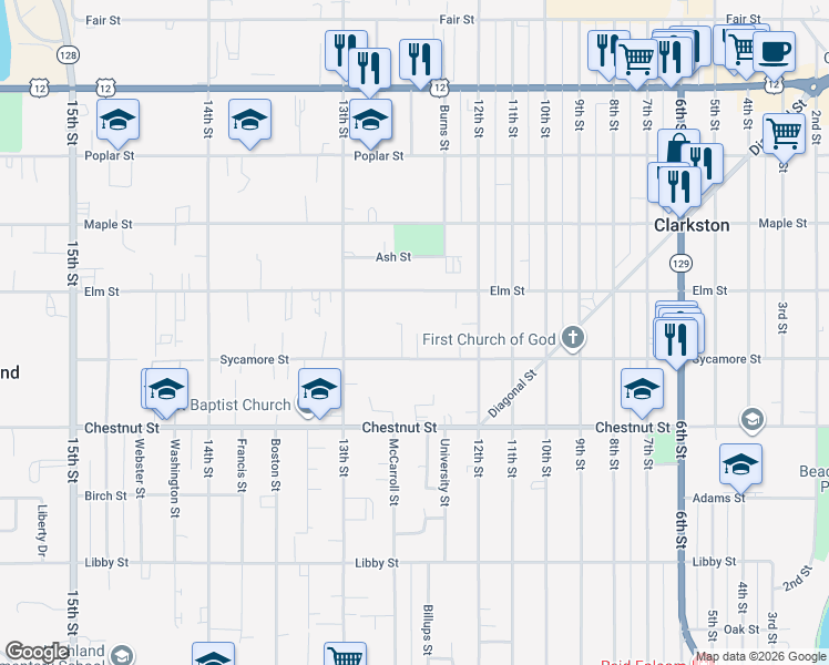 map of restaurants, bars, coffee shops, grocery stores, and more near 1238 Sycamore Street in Clarkston