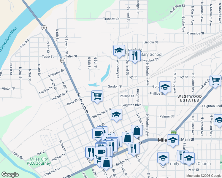 map of restaurants, bars, coffee shops, grocery stores, and more near 920 Gordon Street in Miles City