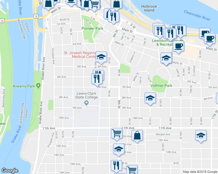 map of restaurants, bars, coffee shops, grocery stores, and more near 7th St & 7th Ave in Lewiston