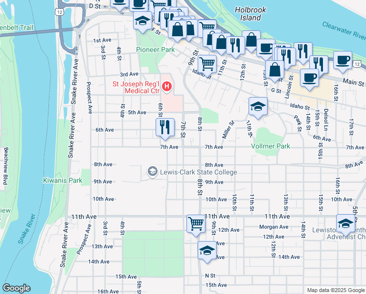 map of restaurants, bars, coffee shops, grocery stores, and more near 7th St & 7th Ave in Lewiston