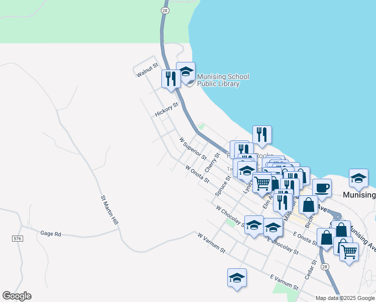 map of restaurants, bars, coffee shops, grocery stores, and more near 298 Chestnut Street in Munising