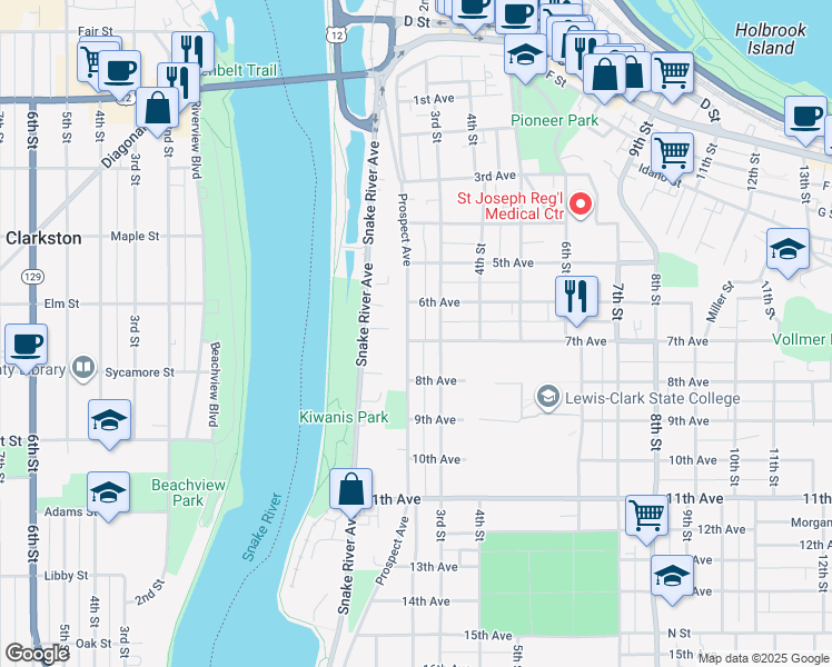 map of restaurants, bars, coffee shops, grocery stores, and more near 627 Prospect Avenue in Lewiston