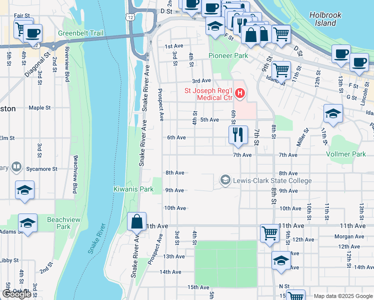 map of restaurants, bars, coffee shops, grocery stores, and more near 300-398 6th Ave in Lewiston