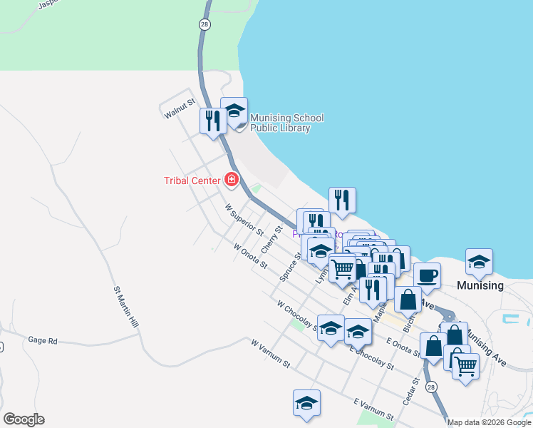 map of restaurants, bars, coffee shops, grocery stores, and more near 510-516 W Munising Ave in Munising