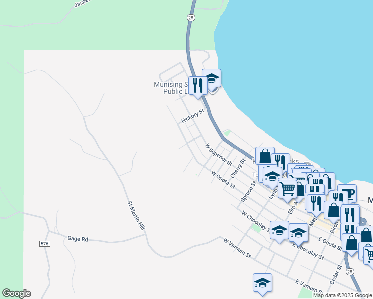 map of restaurants, bars, coffee shops, grocery stores, and more near 619 West Onota Street in Munising