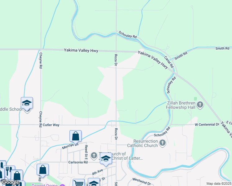 map of restaurants, bars, coffee shops, grocery stores, and more near 970 Roza Drive in Zillah