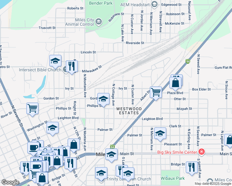 map of restaurants, bars, coffee shops, grocery stores, and more near 721 North Cottage Avenue in Miles City
