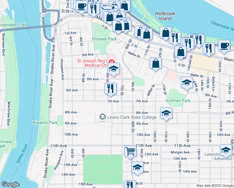 map of restaurants, bars, coffee shops, grocery stores, and more near 620 6th Avenue in Lewiston