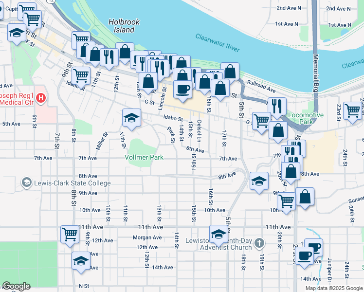 map of restaurants, bars, coffee shops, grocery stores, and more near 1403 6th Avenue in Lewiston