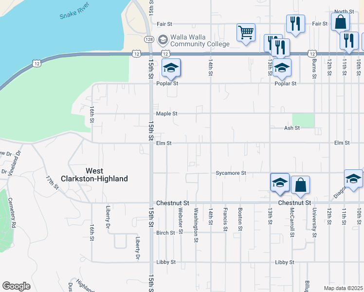 map of restaurants, bars, coffee shops, grocery stores, and more near Elm Street in Clarkston