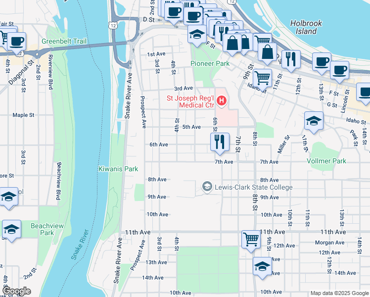 map of restaurants, bars, coffee shops, grocery stores, and more near 412 6th Avenue in Lewiston