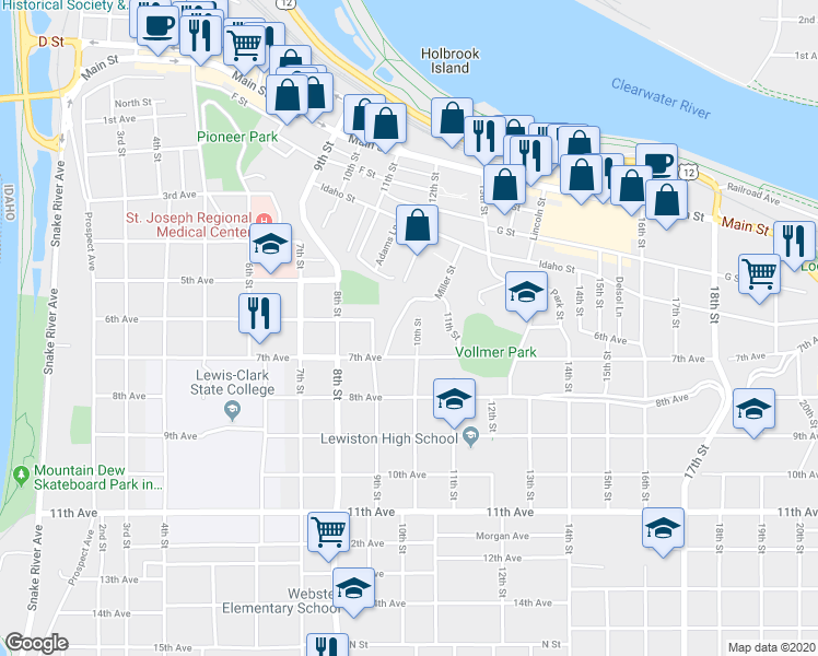 map of restaurants, bars, coffee shops, grocery stores, and more near 612 10th Street in Lewiston