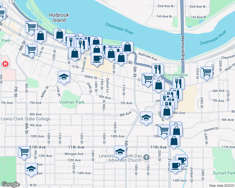 map of restaurants, bars, coffee shops, grocery stores, and more near 511 16th Street in Lewiston