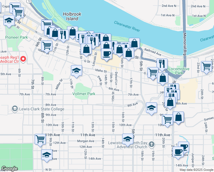 map of restaurants, bars, coffee shops, grocery stores, and more near 445 14th Street in Lewiston
