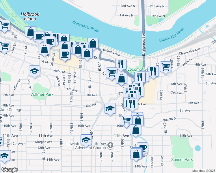 map of restaurants, bars, coffee shops, grocery stores, and more near 1828 Idaho Street in Lewiston