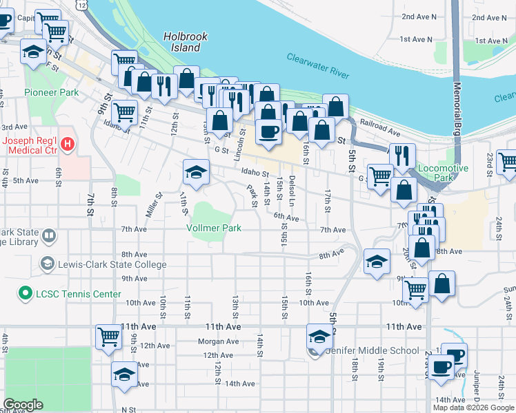 map of restaurants, bars, coffee shops, grocery stores, and more near 441 14th Street in Lewiston