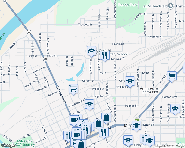 map of restaurants, bars, coffee shops, grocery stores, and more near 720 Woodbury Street in Miles City