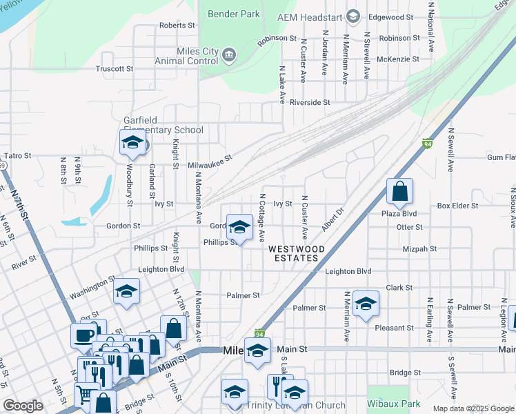 map of restaurants, bars, coffee shops, grocery stores, and more near 721 North Cottage Avenue in Miles City