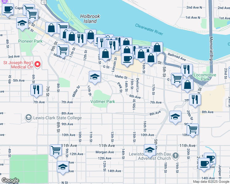 map of restaurants, bars, coffee shops, grocery stores, and more near 555 13th Street in Lewiston