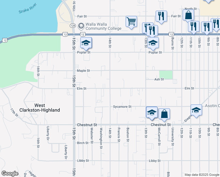 map of restaurants, bars, coffee shops, grocery stores, and more near Elm Street in Clarkston