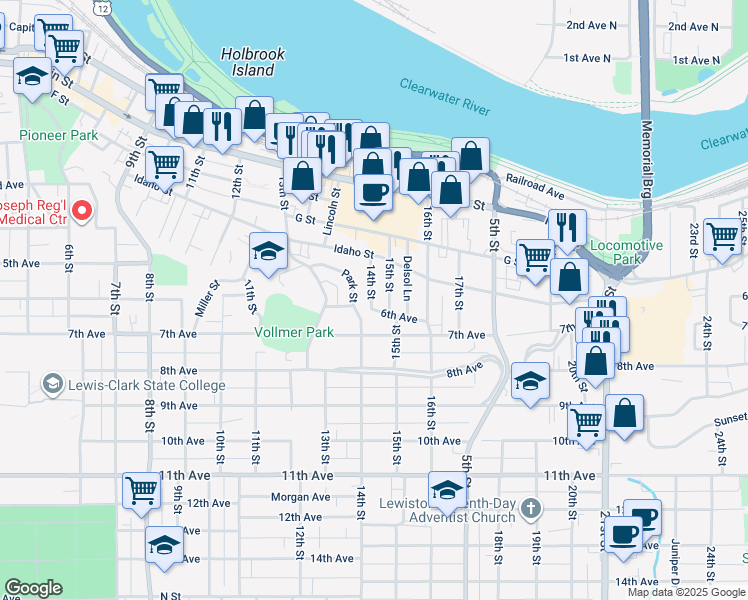 map of restaurants, bars, coffee shops, grocery stores, and more near 441 14th Street in Lewiston