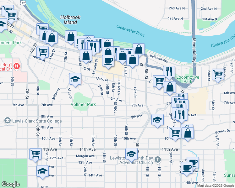 map of restaurants, bars, coffee shops, grocery stores, and more near 512 Delsol Lane in Lewiston