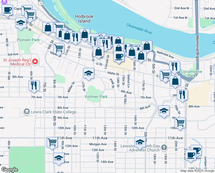 map of restaurants, bars, coffee shops, grocery stores, and more near 555 13th Street in Lewiston