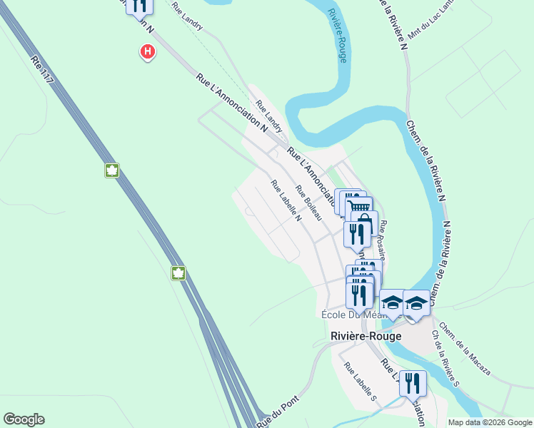map of restaurants, bars, coffee shops, grocery stores, and more near 799 Rue Pelletier in Rivière-Rouge
