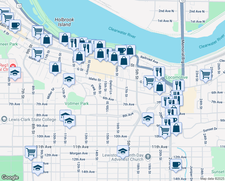 map of restaurants, bars, coffee shops, grocery stores, and more near 512 Delsol Lane in Lewiston