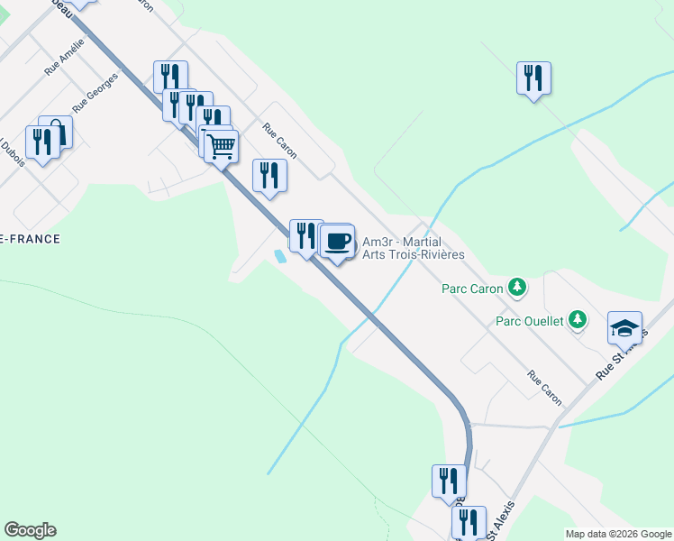 map of restaurants, bars, coffee shops, grocery stores, and more near 2545 Boulevard Thibeau in Trois-Rivières