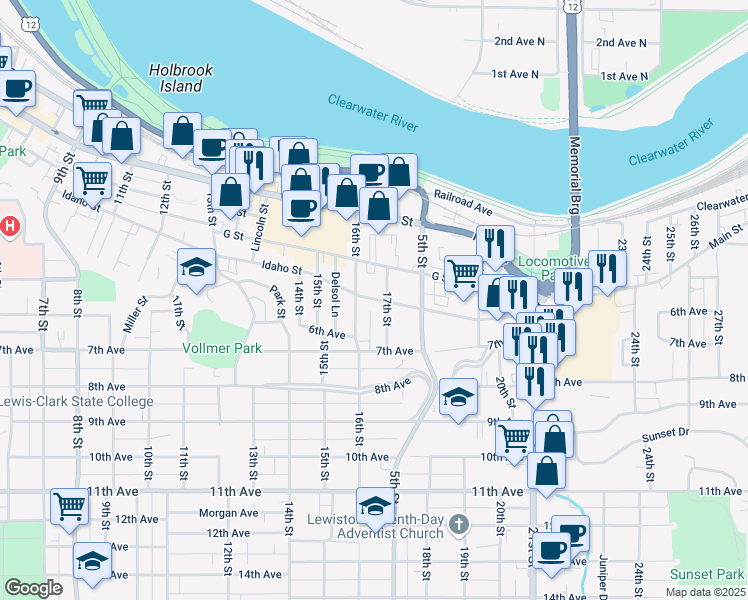 map of restaurants, bars, coffee shops, grocery stores, and more near 511 16th Street in Lewiston