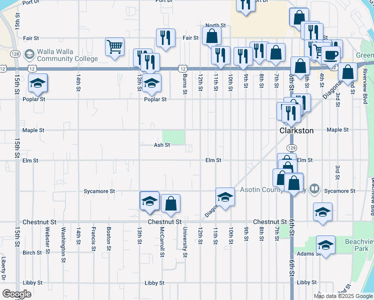 map of restaurants, bars, coffee shops, grocery stores, and more near 1229 Ash Street in Clarkston