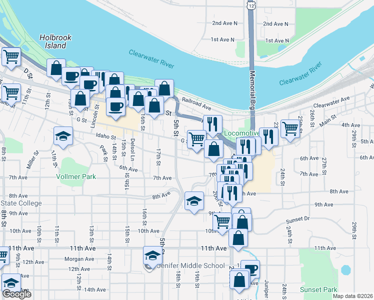 map of restaurants, bars, coffee shops, grocery stores, and more near 1802 Idaho Street in Lewiston