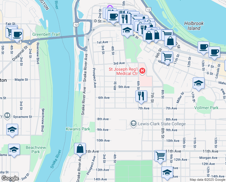 map of restaurants, bars, coffee shops, grocery stores, and more near 300-398 6th Ave in Lewiston