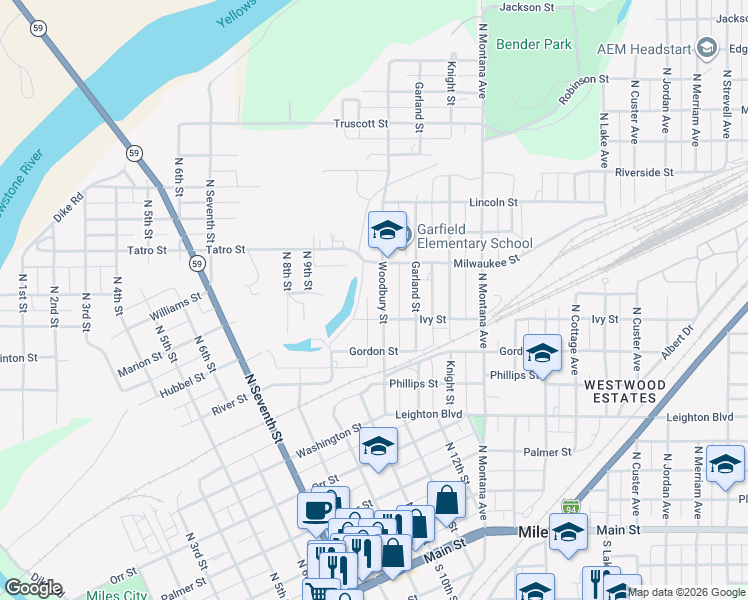 map of restaurants, bars, coffee shops, grocery stores, and more near 720 Woodbury Street in Miles City