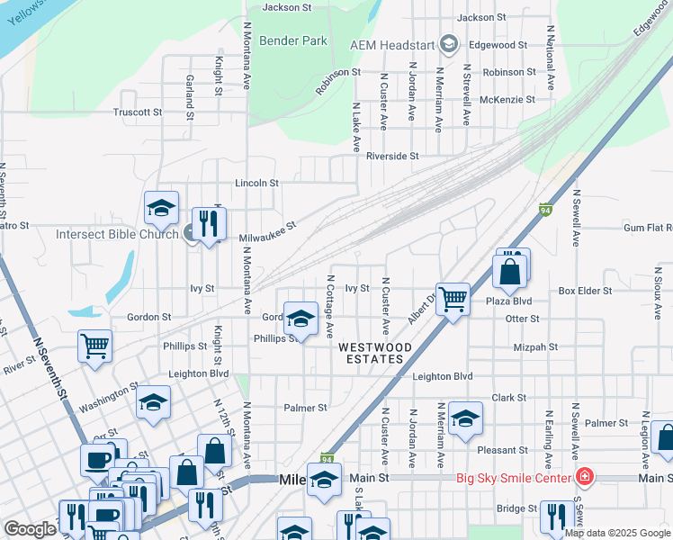 map of restaurants, bars, coffee shops, grocery stores, and more near 721 North Cottage Avenue in Miles City