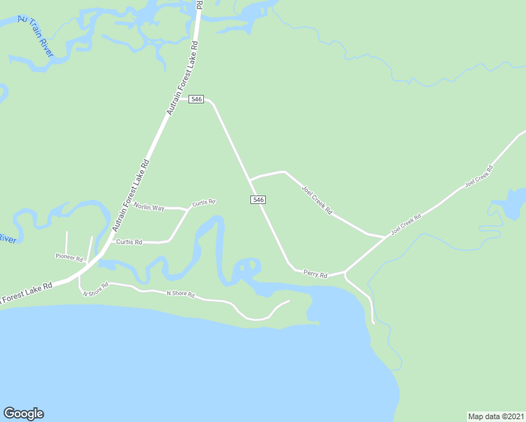 map of restaurants, bars, coffee shops, grocery stores, and more near Perry Road in Au Train