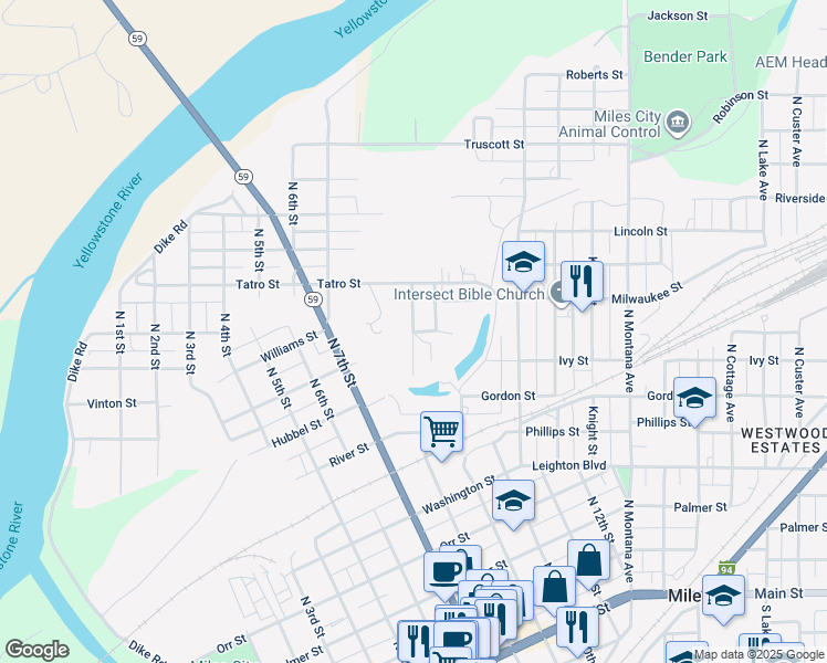 map of restaurants, bars, coffee shops, grocery stores, and more near 1101 North 8th Street in Miles City