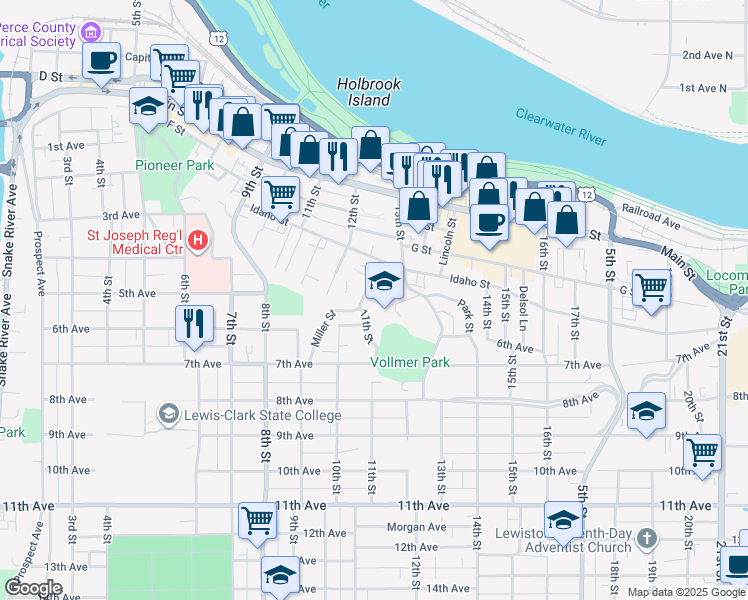 map of restaurants, bars, coffee shops, grocery stores, and more near 301-347 Miller Street in Lewiston